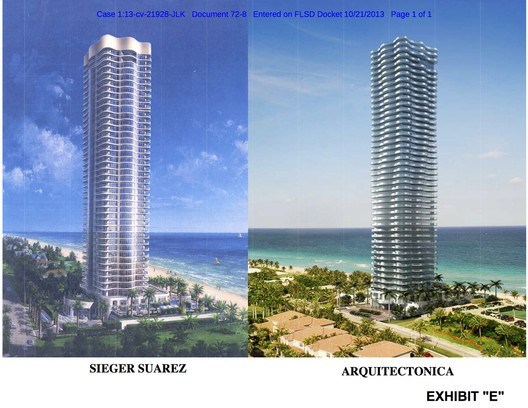 Evidence from the case, comparing the two proposed towers in Miami. Image © U.S. District Court for the Southern District of Florida, Miami Division
