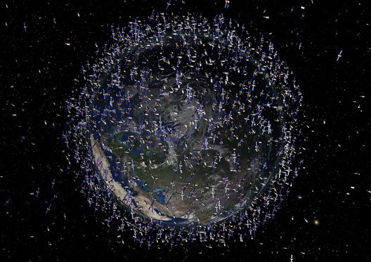 The European Space Agency's vizualisation of space debris orbiting Earth. Image Courtesy of "Are We Human" / 3. Istanbul Tasarim Bienali