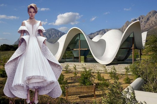 Fashion and architecture are often inspired by nature and its curved forms, that result in organic shapes. Distinct chapel among olive groves in South Africa designed by Steyn Studio and Ashi Studio Haute Couture AW17-18 collection. Image Courtesy of Viktoria Al. Lytra